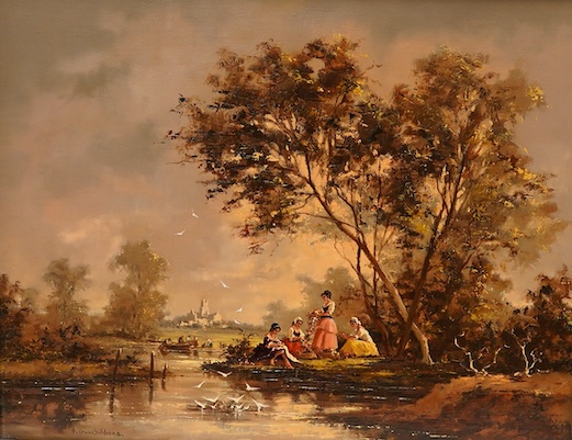 Gudrun Sibbons (1924-2020), 'Making Flower Garlands', signed, oil on canvas, 39 x 49cm